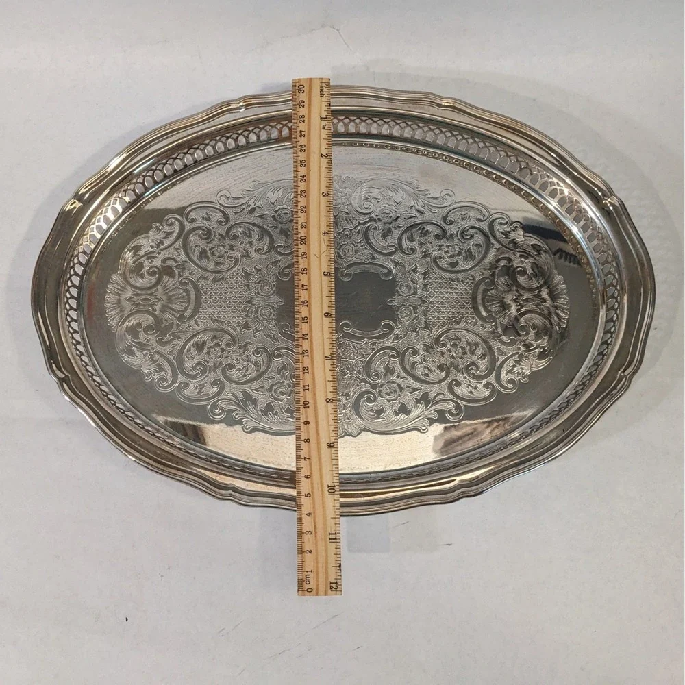 Vtg Oneida Silver Plated Oval Serving Tray Etched Floral Pierced Gallery Rim 15